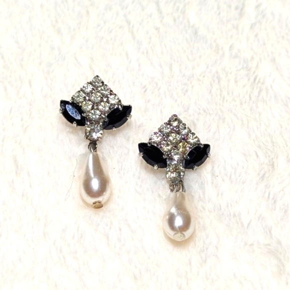 Vintage Black & Clear Rhinestone Faux Pearl Drop Pierced Earrings - Picture 2 of 7